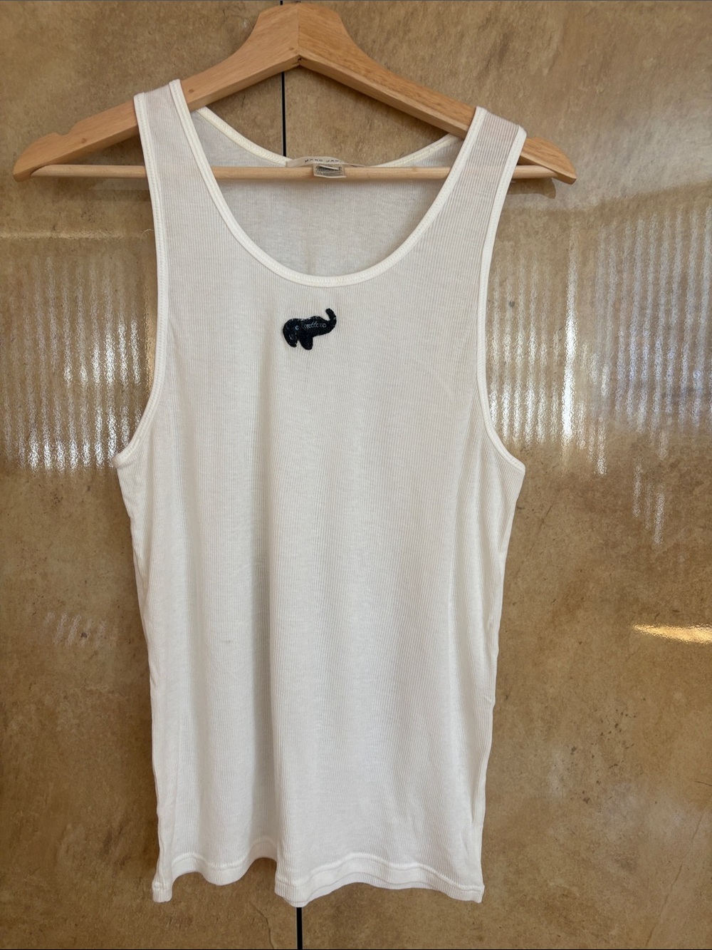 Marc Jacob’s Classic White Tank Top with Small Black Sequin Elephant size L